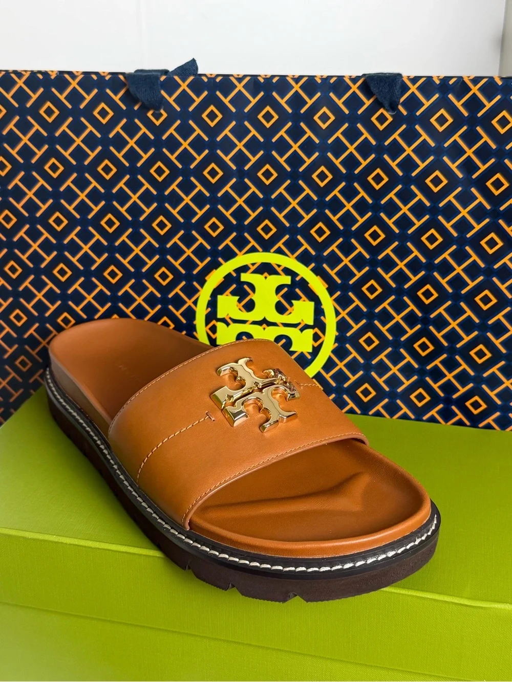 Tory Burch Tan Leather Slide with Gold Logo